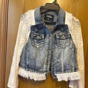 Vanity Denim Jacket with Lace Sleeves